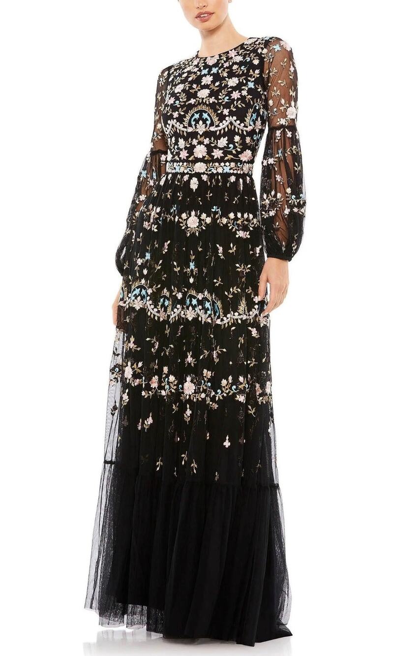 Mac Duggal 35111 Black Evening Gown Floral Embroidered Long Sleeve Dress Size 18